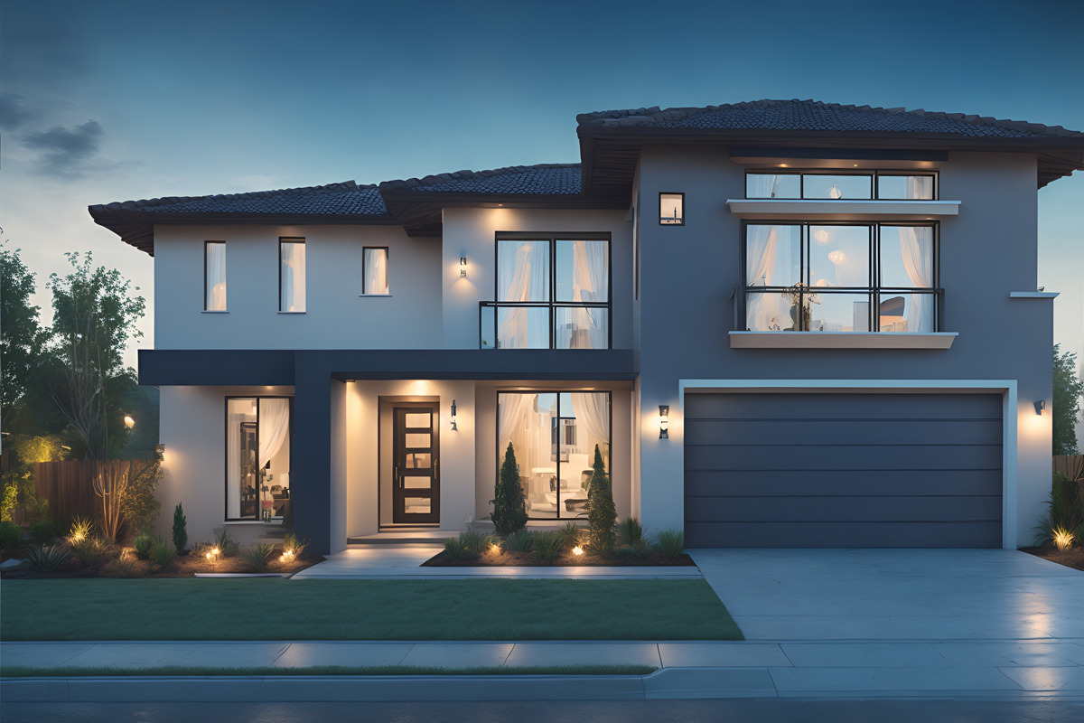 home at dusk with windows lit up